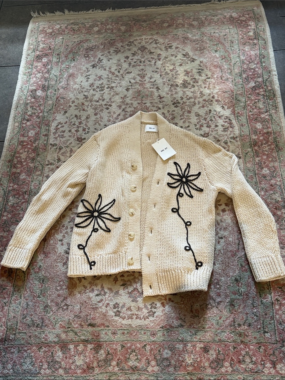 A.P.C. Cream Knit Cardigan with Black Floral Appliqué